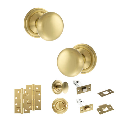 Quality image of Old English Harrogate Door Knob Pack (Bathroom Set - 4" Deadbolt, 4" Slim Knuckle Hinges x2) - Satin Brass | Sku. adpoe58mmksb65 | available from Trade Door Handles.