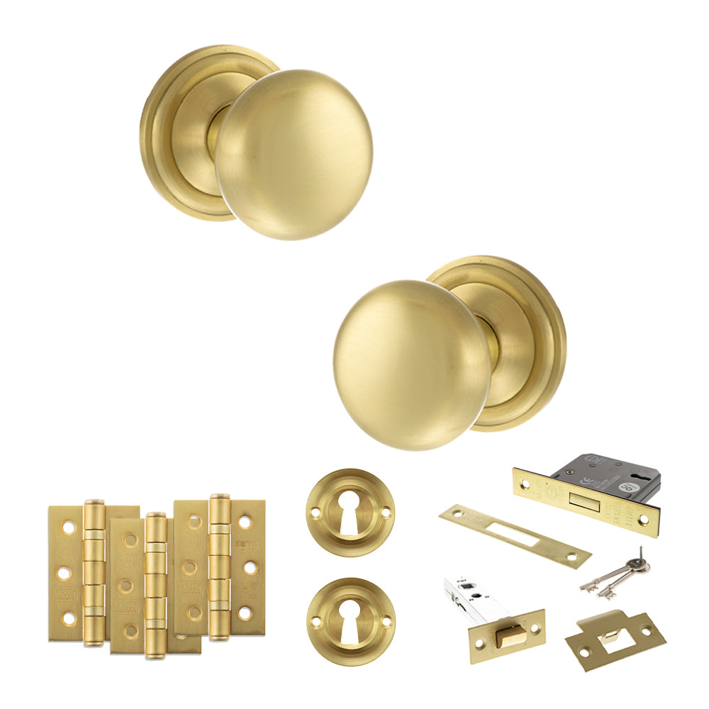 Quality image of Old English Harrogate Door Knob Pack (Lock Set - 3" Latch & Deadlock, 3" Fire Rated Hinges x3) - Satin Brass | Sku. adpoe58mmksb66 | available from Trade Door Handles.
