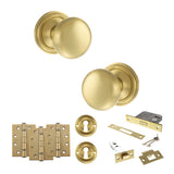 Quality image of Old English Harrogate Door Knob Pack (Lock Set - 3" Latch & Deadlock, 4" Fire Rated Hinges x3) - Satin Brass | Sku. adpoe58mmksb67 | available from Trade Door Handles.