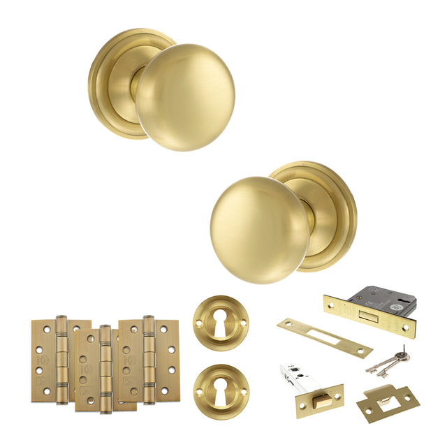 Quality image of Old English Harrogate Door Knob Pack (Lock Set - 3" Latch & Deadlock, 4" Fire Rated Hinges x3) - Satin Brass | Sku. adpoe58mmksb67 | available from Trade Door Handles.