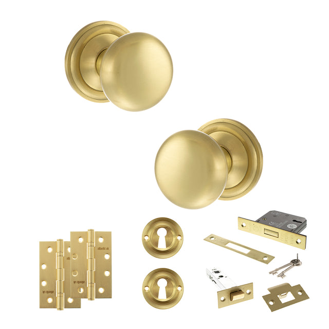 Quality image of Old English Harrogate Door Knob Pack (Lock Set - 3" Latch & Deadlock, 4" Slim Knuckle Hinges x2) - Satin Brass | Sku. adpoe58mmksb68 | available from Trade Door Handles.