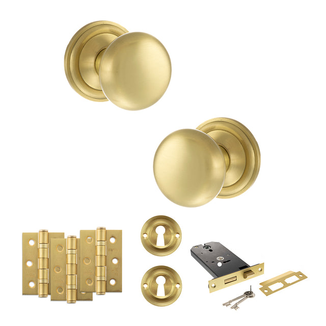 Quality image of Old English Harrogate Door Knob Pack (Lock Set - Horizontal Sashlock, 3" Fire Rated Hinges x3) - Satin Brass | Sku. adpoe58mmksb69 | available from Trade Door Handles.