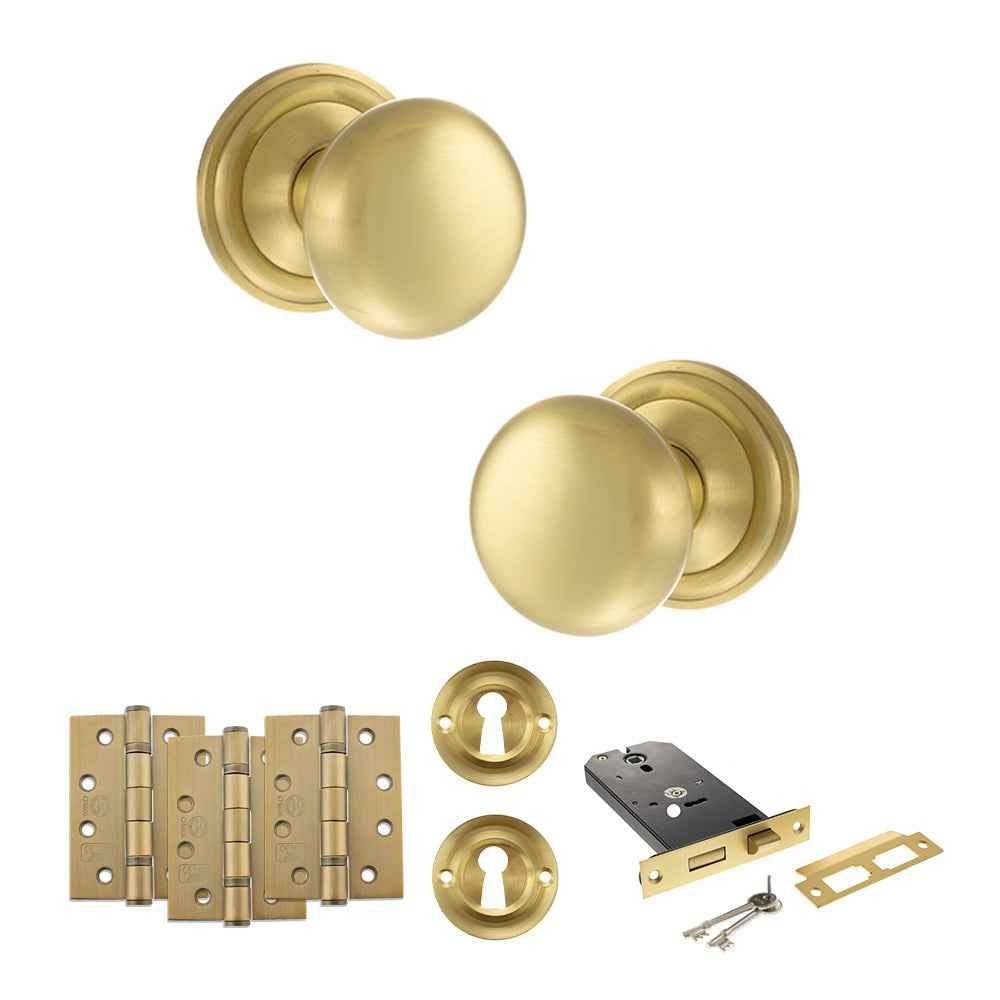 Quality image of Old English Harrogate Door Knob Pack (Lock Set - Horizontal Sashlock, 4" Fire Rated Hinges x3) - Satin Brass | Sku. adpoe58mmksb71 | available from Trade Door Handles.