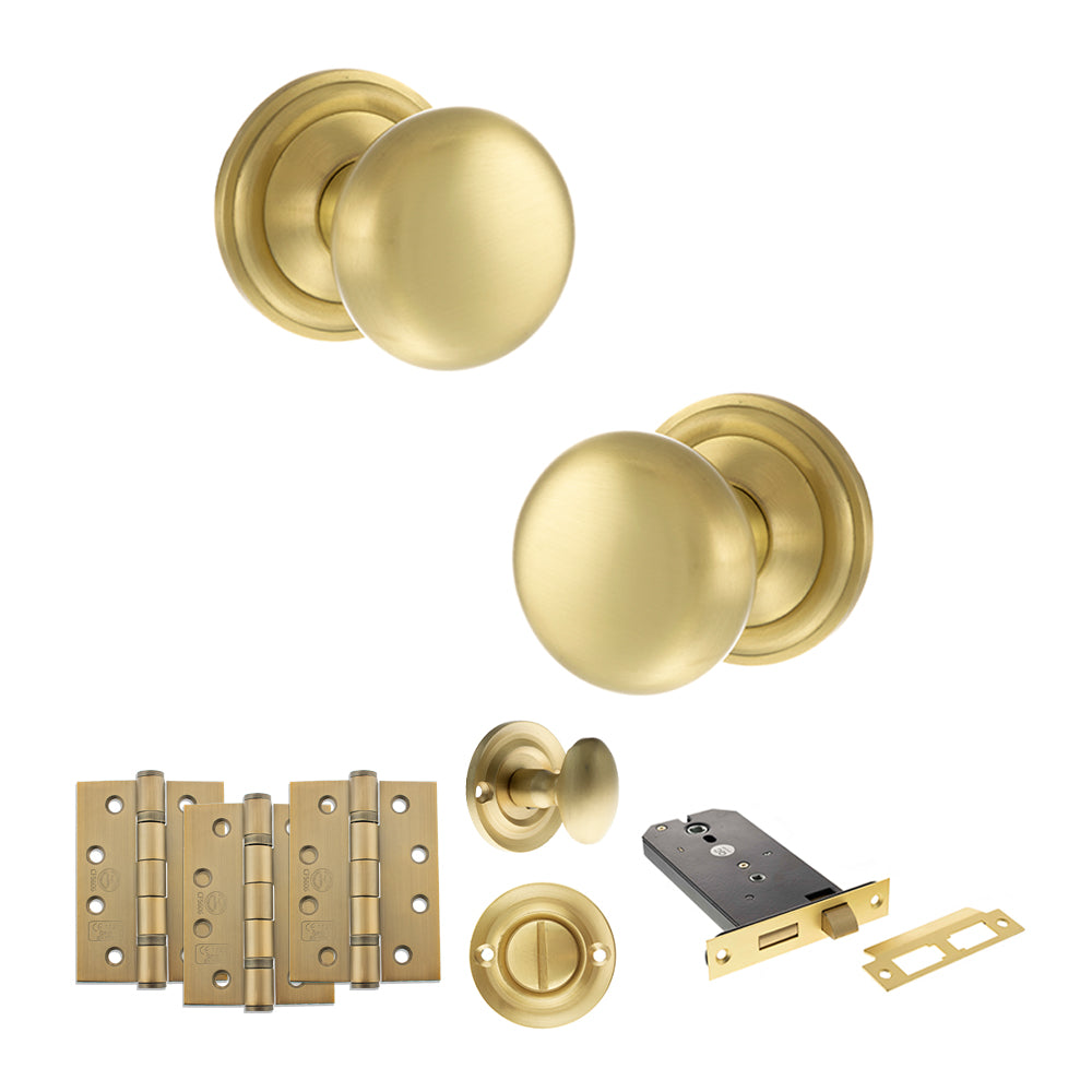 Quality image of Old English Harrogate Door Knob Pack (Lock Set - Horizontal Bathlock, 4" Fire Rated Hinges x3) - Satin Brass | Sku. adpoe58mmksb72 | available from Trade Door Handles.