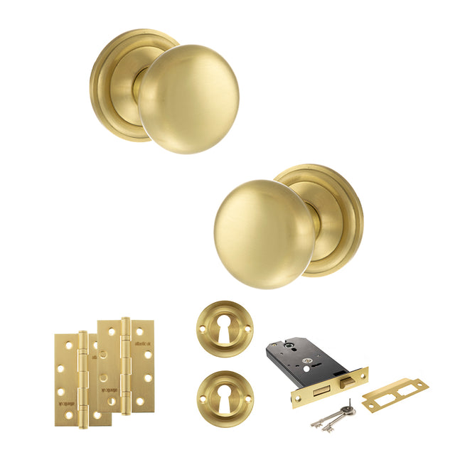 Quality image of Old English Harrogate Door Knob Pack (Lock Set - Horizontal Sashlock, 4" Slim Knuckle Hinges x2) - Satin Brass | Sku. adpoe58mmksb73 | available from Trade Door Handles.