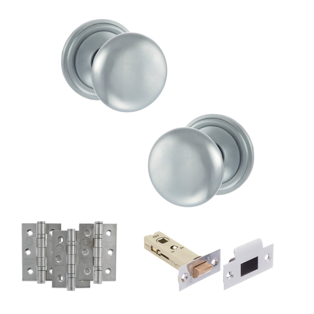 Quality image of Old English Harrogate Door Knob Pack (Latch Set - 3" HD Latch, 3" Fire Rated Hinges x3) - Satin Chrome | Sku. adpoe58mmksc54 | available from Trade Door Handles.