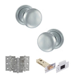 Quality image of Old English Harrogate Door Knob Pack (Latch Set - 4" HD Latch, 3" Fire Rated Hinges x3) - Satin Chrome | Sku. adpoe58mmksc55 | available from Trade Door Handles.