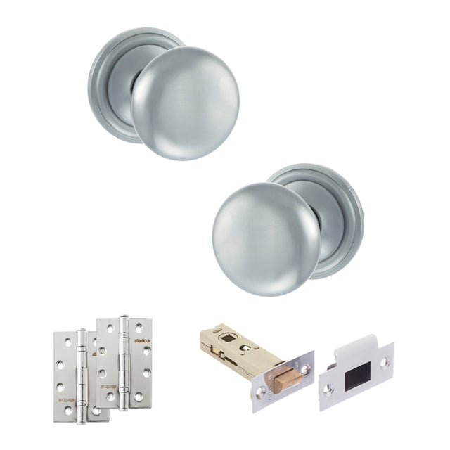 Quality image of Old English Harrogate Door Knob Pack (Latch Set - 4" HD Latch, 4" Slim Knuckle Hinges x2) - Satin Chrome | Sku. adpoe58mmksc59 | available from Trade Door Handles.