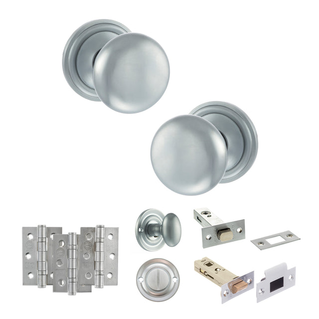 Quality image of Old English Harrogate Door Knob Pack (Bathroom Set - 3" Deadbolt, 3" Fire Rated Hinges x3) - Satin Chrome | Sku. adpoe58mmksc60 | available from Trade Door Handles.