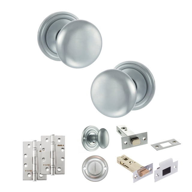 Quality image of Old English Harrogate Door Knob Pack (Bathroom Set - 4" Deadbolt, 4" Slim Knuckle Hinges x2) - Satin Chrome | Sku. adpoe58mmksc65 | available from Trade Door Handles.