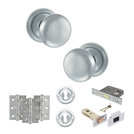 Quality image of Old English Harrogate Door Knob Pack (Lock Set - 3" Latch & Deadlock, 3" Fire Rated Hinges x3) - Satin Chrome | Sku. adpoe58mmksc66 | available from Trade Door Handles.