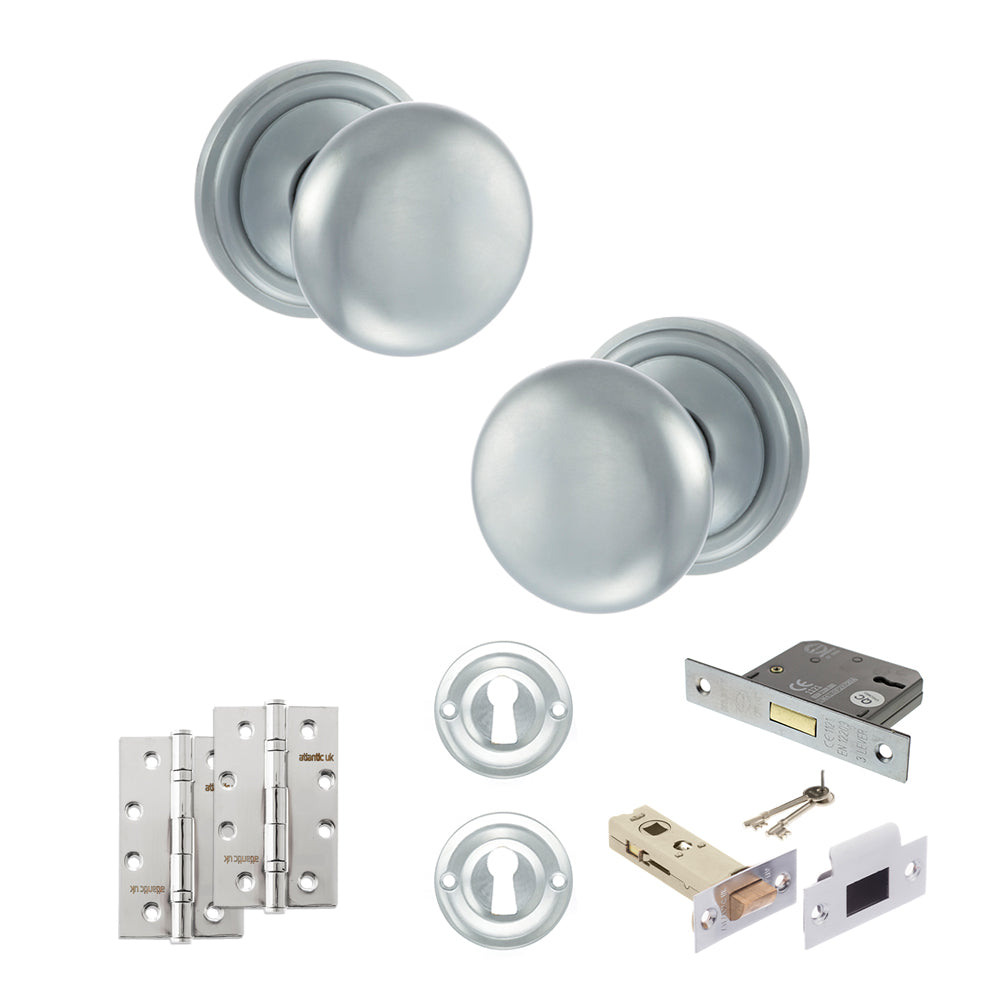 Quality image of Old English Harrogate Door Knob Pack (Lock Set - 3" Latch & Deadlock, 4" Slim Knuckle Hinges x2) - Satin Chrome | Sku. adpoe58mmksc68 | available from Trade Door Handles.