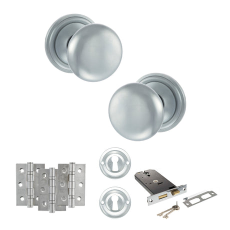 Quality image of Old English Harrogate Door Knob Pack (Lock Set - Horizontal Sashlock, 3" Fire Rated Hinges x3) - Satin Chrome | Sku. adpoe58mmksc69 | available from Trade Door Handles.