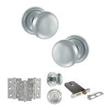 Quality image of Old English Harrogate Door Knob Pack (Lock Set - Horizontal Bathlock, 3" Fire Rated Hinges x3) - Satin Chrome | Sku. adpoe58mmksc70 | available from Trade Door Handles.
