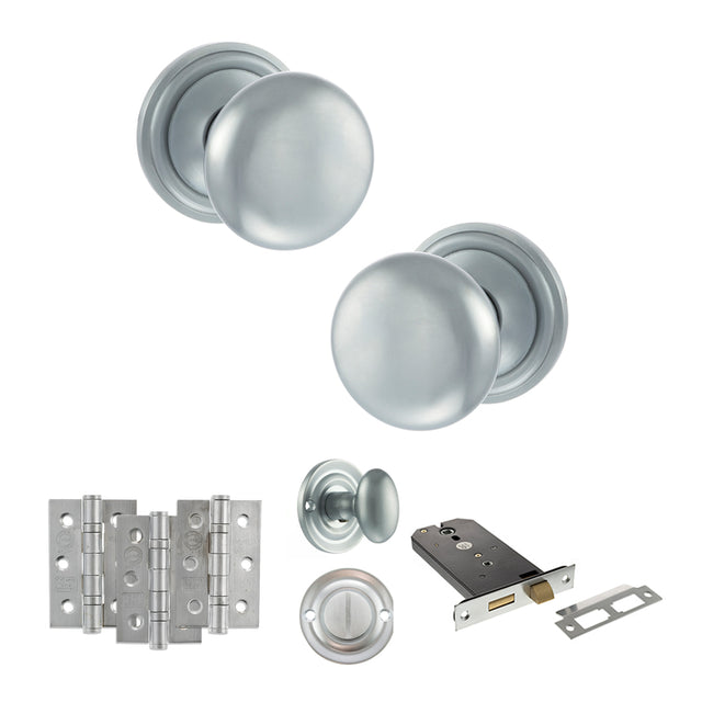 Quality image of Old English Harrogate Door Knob Pack (Lock Set - Horizontal Bathlock, 3" Fire Rated Hinges x3) - Satin Chrome | Sku. adpoe58mmksc70 | available from Trade Door Handles.