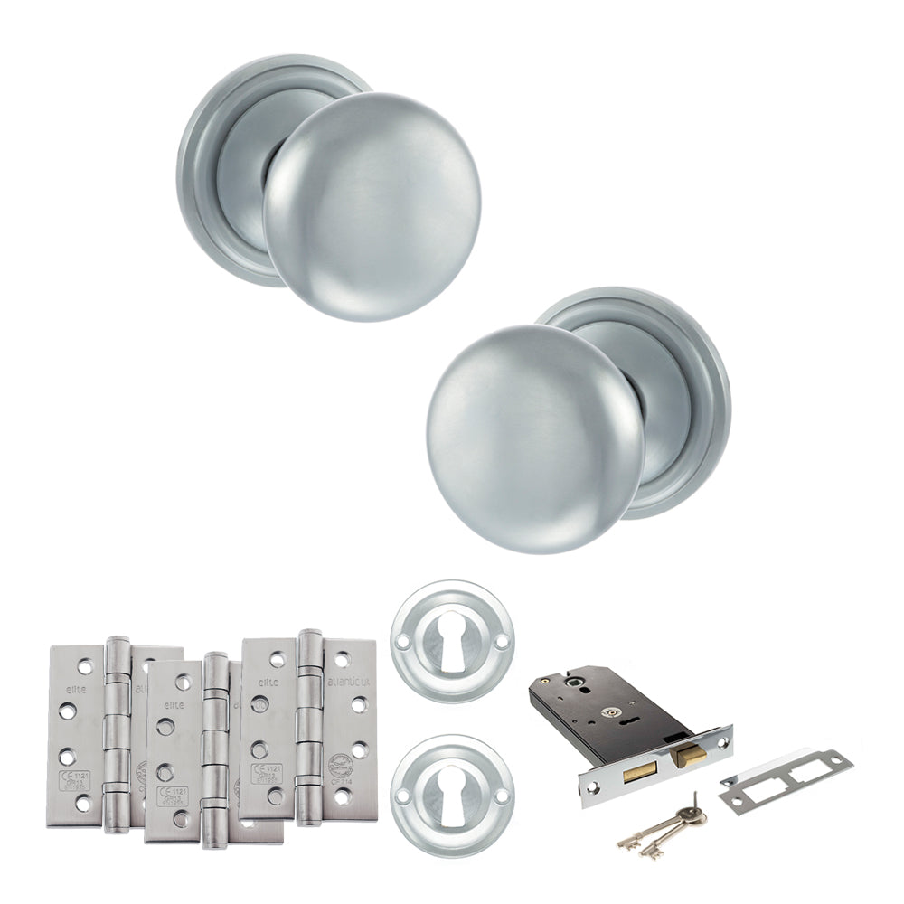 Quality image of Old English Harrogate Door Knob Pack (Lock Set - Horizontal Sashlock, 4" Fire Rated Hinges x3) - Satin Chrome | Sku. adpoe58mmksc71 | available from Trade Door Handles.