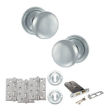 Quality image of Old English Harrogate Door Knob Pack (Lock Set - Horizontal Sashlock, 4" Fire Rated Hinges x3) - Satin Chrome | Sku. adpoe58mmksc71 | available from Trade Door Handles.