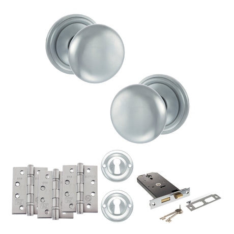 Quality image of Old English Harrogate Door Knob Pack (Lock Set - Horizontal Sashlock, 4" Fire Rated Hinges x3) - Satin Chrome | Sku. adpoe58mmksc71 | available from Trade Door Handles.