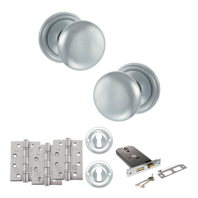 Quality image of Old English Harrogate Door Knob Pack (Lock Set - Horizontal Sashlock, 4" Fire Rated Hinges x3) - Satin Chrome | Sku. adpoe58mmksc71 | available from Trade Door Handles.