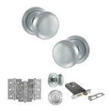 Quality image of Old English Harrogate Door Knob Pack (Lock Set - Horizontal Bathlock, 4" Fire Rated Hinges x3) - Satin Chrome | Sku. adpoe58mmksc72 | available from Trade Door Handles.