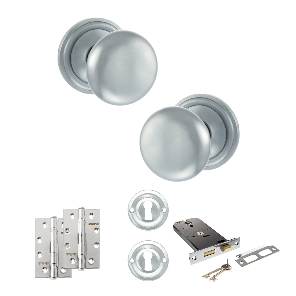 Quality image of Old English Harrogate Door Knob Pack (Lock Set - Horizontal Sashlock, 4" Slim Knuckle Hinges x2) - Satin Chrome | Sku. adpoe58mmksc73 | available from Trade Door Handles.