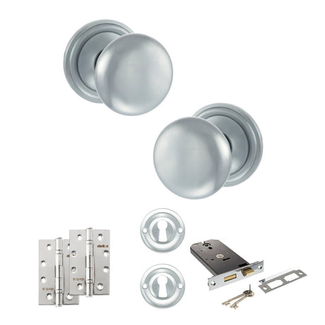 Quality image of Old English Harrogate Door Knob Pack (Lock Set - Horizontal Sashlock, 4" Slim Knuckle Hinges x2) - Satin Chrome | Sku. adpoe58mmksc73 | available from Trade Door Handles.