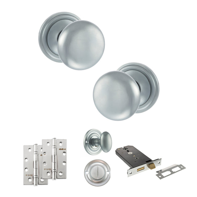 Quality image of Old English Harrogate Door Knob Pack (Lock Set - Horizontal Bathlock, 4" Slim Knuckle Hinges x2) - Satin Chrome | Sku. adpoe58mmksc74 | available from Trade Door Handles.