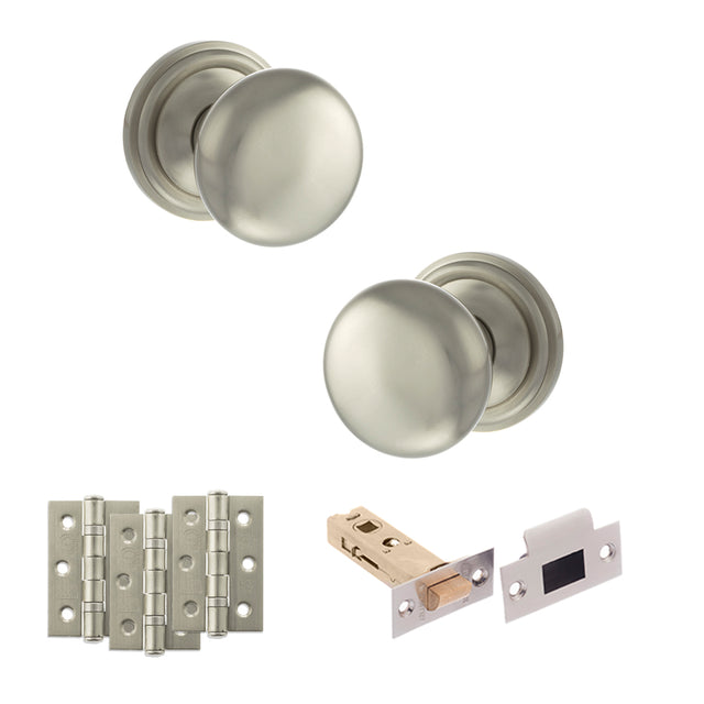 Quality image of Old English Harrogate Door Knob Pack (Latch Set - 3" HD Latch, 3" Fire Rated Hinges x3) - Satin Nickel | Sku. adpoe58mmksn54 | available from Trade Door Handles.
