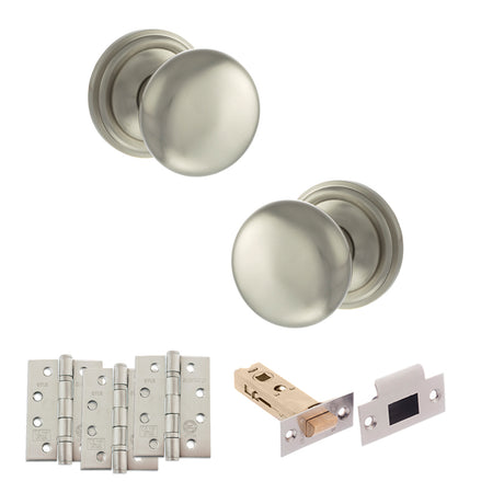 Quality image of Old English Harrogate Door Knob Pack (Latch Set - 3" HD Latch, 4" Fire Rated Hinges x3) - Satin Nickel | Sku. adpoe58mmksn56 | available from Trade Door Handles.
