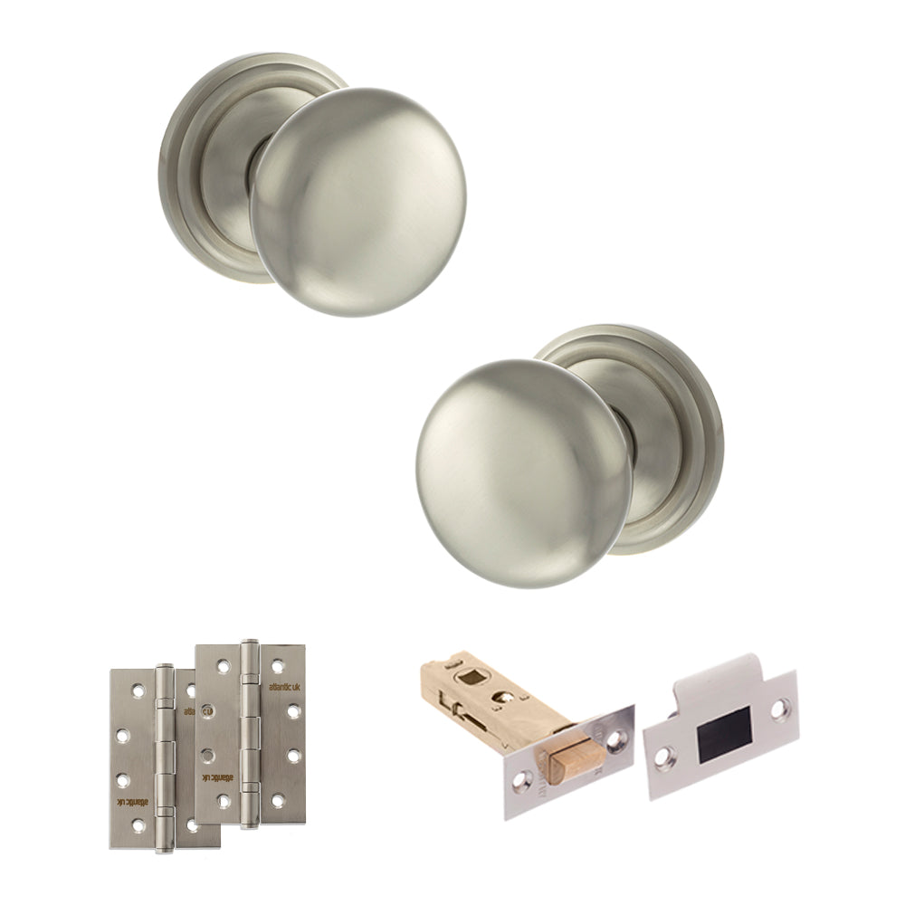 Quality image of Old English Harrogate Door Knob Pack (Latch Set - 4" HD Latch, 4" Slim Knuckle Hinges x2) - Satin Nickel | Sku. adpoe58mmksn59 | available from Trade Door Handles.