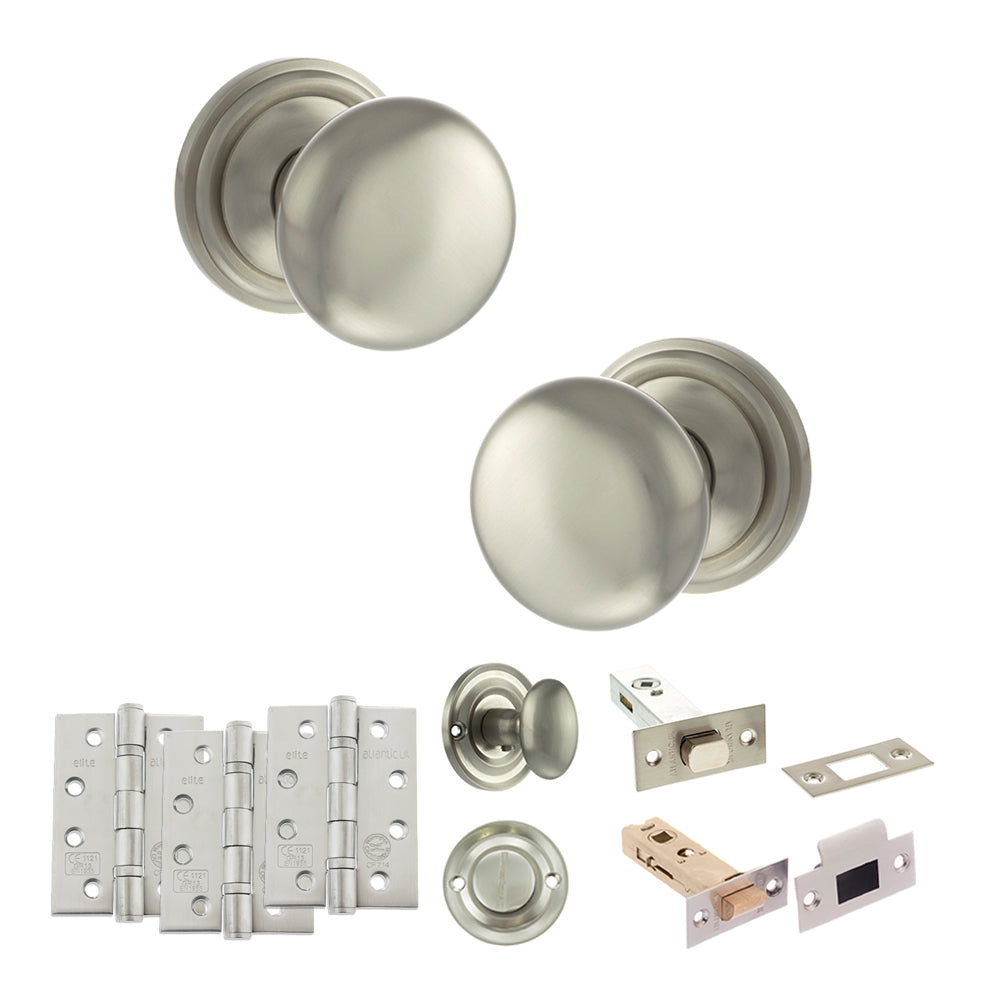 Quality image of Old English Harrogate Door Knob Pack (Bathroom Set - 4" Deadbolt, 4" Fire Rated Hinges x3) - Satin Nickel | Sku. adpoe58mmksn63 | available from Trade Door Handles.