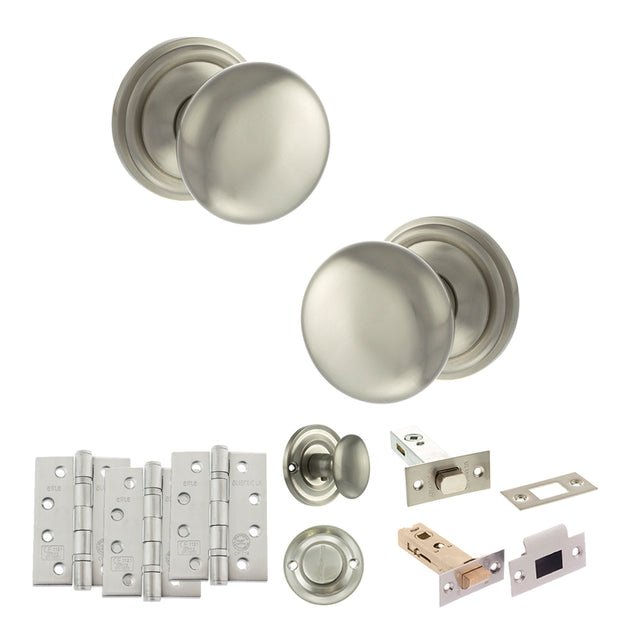 Quality image of Old English Harrogate Door Knob Pack (Bathroom Set - 4" Deadbolt, 4" Fire Rated Hinges x3) - Satin Nickel | Sku. adpoe58mmksn63 | available from Trade Door Handles.