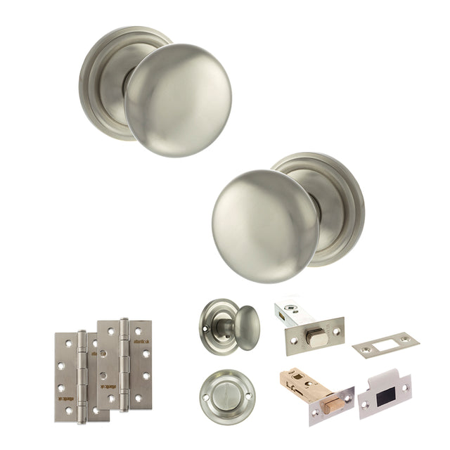 Quality image of Old English Harrogate Door Knob Pack (Bathroom Set - 3" Deadbolt, 4" Slim Knuckle Hinges x2) - Satin Nickel | Sku. adpoe58mmksn64 | available from Trade Door Handles.