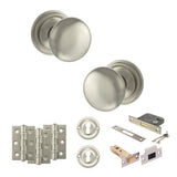 Quality image of Old English Harrogate Door Knob Pack (Lock Set - 3" Latch & Deadlock, 3" Fire Rated Hinges x3) - Satin Nickel | Sku. adpoe58mmksn66 | available from Trade Door Handles.
