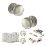 Quality image of Old English Harrogate Door Knob Pack (Lock Set - 3" Latch & Deadlock, 4" Fire Rated Hinges x3) - Satin Nickel | Sku. adpoe58mmksn67 | available from Trade Door Handles.