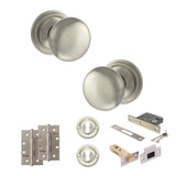 Quality image of Old English Harrogate Door Knob Pack (Lock Set - 3" Latch & Deadlock, 4" Slim Knuckle Hinges x2) - Satin Nickel | Sku. adpoe58mmksn68 | available from Trade Door Handles.