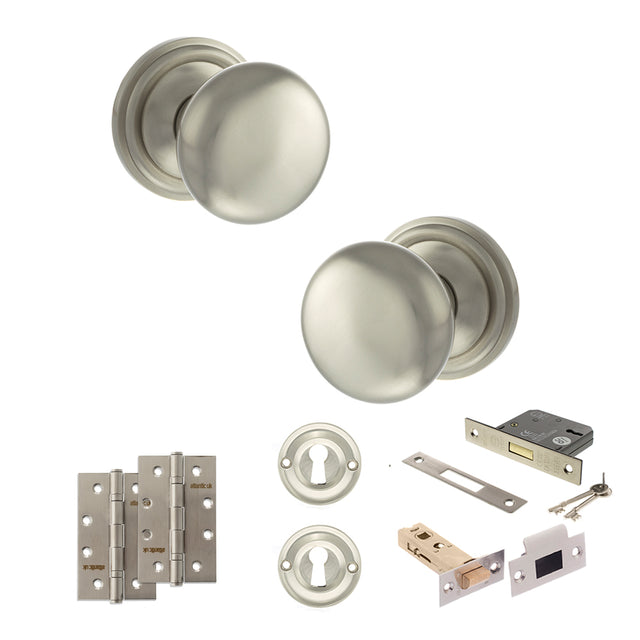 Quality image of Old English Harrogate Door Knob Pack (Lock Set - 3" Latch & Deadlock, 4" Slim Knuckle Hinges x2) - Satin Nickel | Sku. adpoe58mmksn68 | available from Trade Door Handles.
