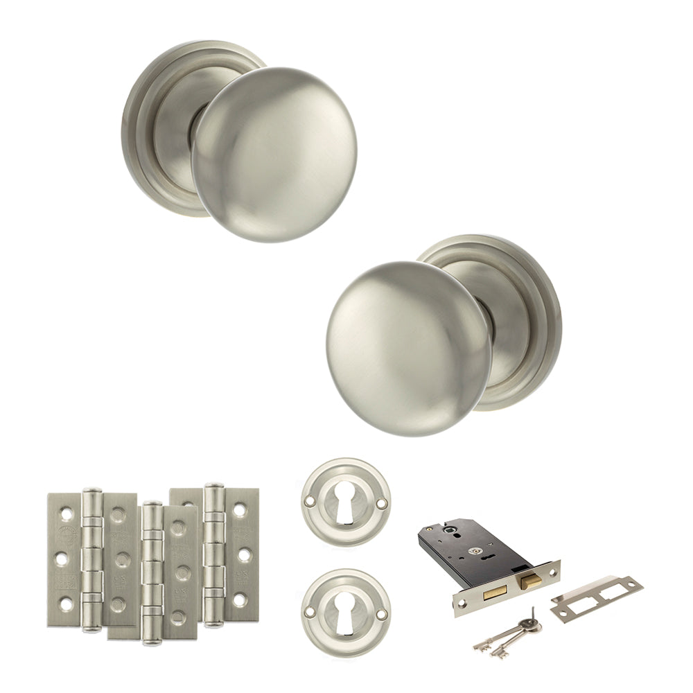 Quality image of Old English Harrogate Door Knob Pack (Lock Set - Horizontal Sashlock, 3" Fire Rated Hinges x3) - Satin Nickel | Sku. adpoe58mmksn69 | available from Trade Door Handles.