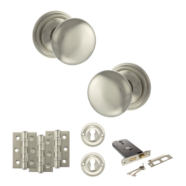 Quality image of Old English Harrogate Door Knob Pack (Lock Set - Horizontal Sashlock, 3" Fire Rated Hinges x3) - Satin Nickel | Sku. adpoe58mmksn69 | available from Trade Door Handles.