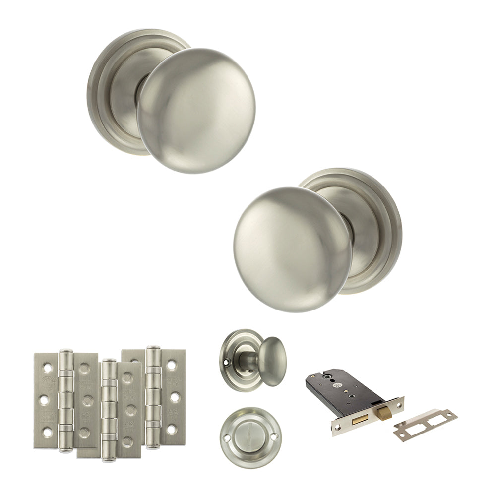 Quality image of Old English Harrogate Door Knob Pack (Lock Set - Horizontal Bathlock, 3" Fire Rated Hinges x3) - Satin Nickel | Sku. adpoe58mmksn70 | available from Trade Door Handles.