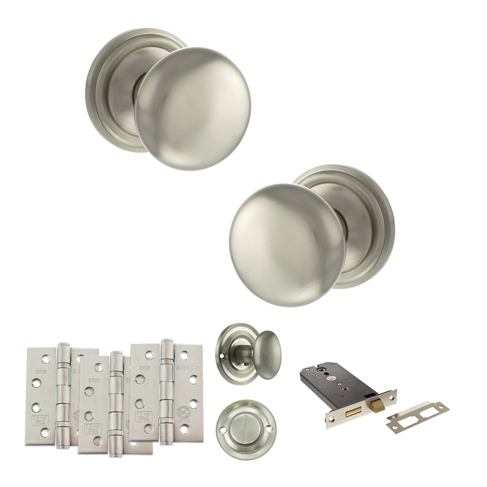Quality image of Old English Harrogate Door Knob Pack (Lock Set - Horizontal Bathlock, 4" Fire Rated Hinges x3) - Satin Nickel | Sku. adpoe58mmksn72 | available from Trade Door Handles.