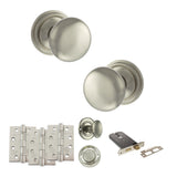 Quality image of Old English Harrogate Door Knob Pack (Lock Set - Horizontal Bathlock, 4" Fire Rated Hinges x3) - Satin Nickel | Sku. adpoe58mmksn72 | available from Trade Door Handles.