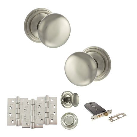 Quality image of Old English Harrogate Door Knob Pack (Lock Set - Horizontal Bathlock, 4" Fire Rated Hinges x3) - Satin Nickel | Sku. adpoe58mmksn72 | available from Trade Door Handles.