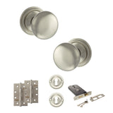 Quality image of Old English Harrogate Door Knob Pack (Lock Set - Horizontal Sashlock, 4" Slim Knuckle Hinges x2) - Satin Nickel | Sku. adpoe58mmksn73 | available from Trade Door Handles.