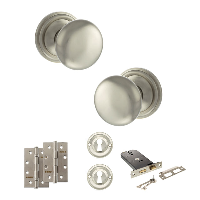 Quality image of Old English Harrogate Door Knob Pack (Lock Set - Horizontal Sashlock, 4" Slim Knuckle Hinges x2) - Satin Nickel | Sku. adpoe58mmksn73 | available from Trade Door Handles.