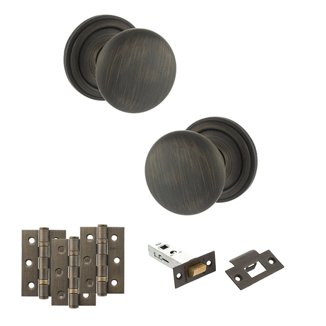 Quality image of Old English Harrogate Door Knob Pack (Latch Set - 4" HD Latch, 3" Fire Rated Hinges x3) - Urban Bronze | Sku. adpoe58mmkub55 | available from Trade Door Handles.