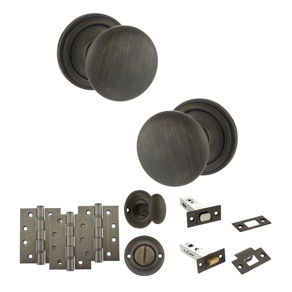 Quality image of Old English Harrogate Door Knob Pack (Bathroom Set - 4" Deadbolt, 4" Fire Rated Hinges x3) - Urban Bronze | Sku. adpoe58mmkub63 | available from Trade Door Handles.