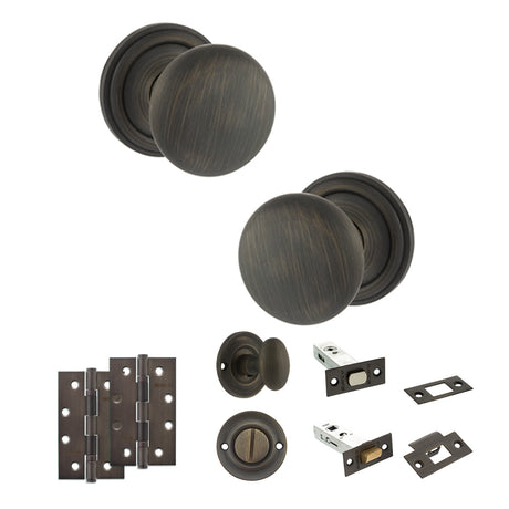 Quality image of Old English Harrogate Door Knob Pack (Bathroom Set - 4" Deadbolt, 4" Slim Knuckle Hinges x2) - Urban Bronze | Sku. adpoe58mmkub65 | available from Trade Door Handles.