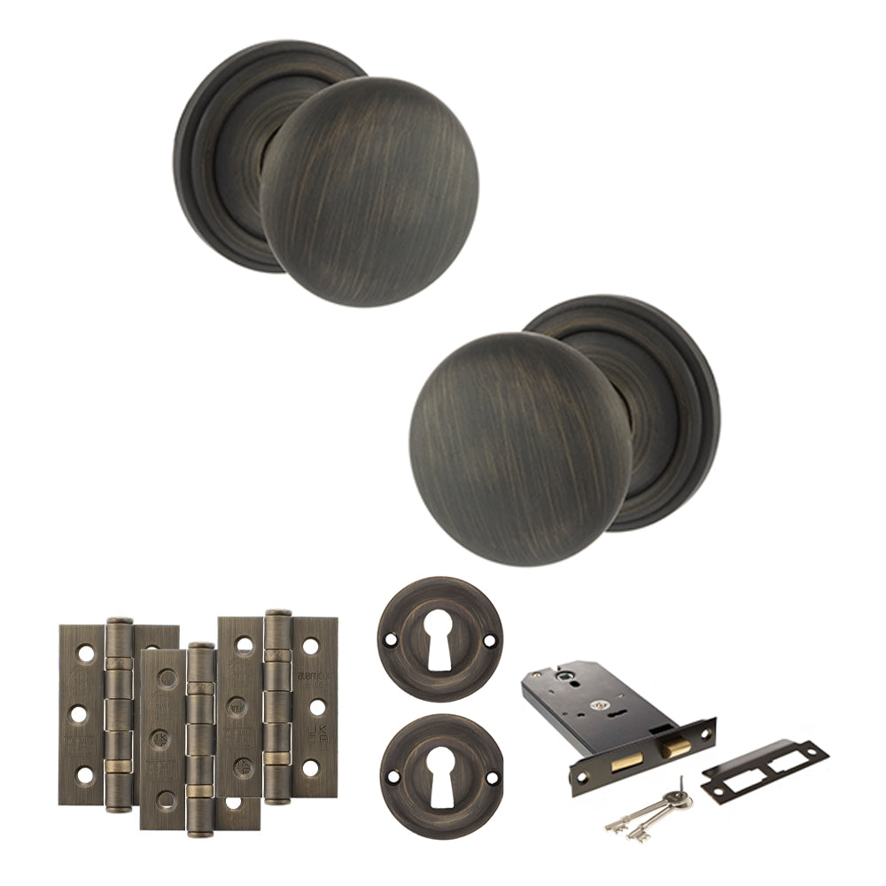 Quality image of Old English Harrogate Door Knob Pack (Lock Set - Horizontal Sashlock, 3" Fire Rated Hinges x3) - Urban Bronze | Sku. adpoe58mmkub69 | available from Trade Door Handles.