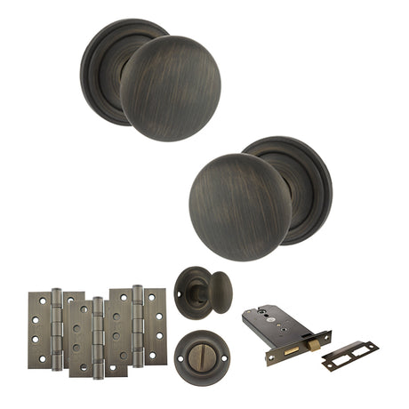 Quality image of Old English Harrogate Door Knob Pack (Lock Set - Horizontal Bathlock, 4" Fire Rated Hinges x3) - Urban Bronze | Sku. adpoe58mmkub72 | available from Trade Door Handles.